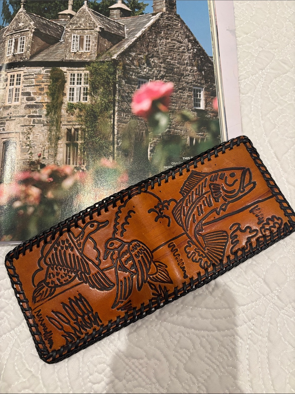 Vintage Hand-Tooled Brown Leather Bi-Fold Wallet - Embossed Fish & Birds